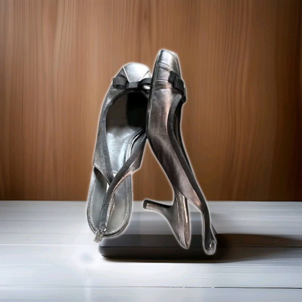 Alfani Slingback Heels 10M Silver Pleated Round Toe Bow Pumps Leather Workwear